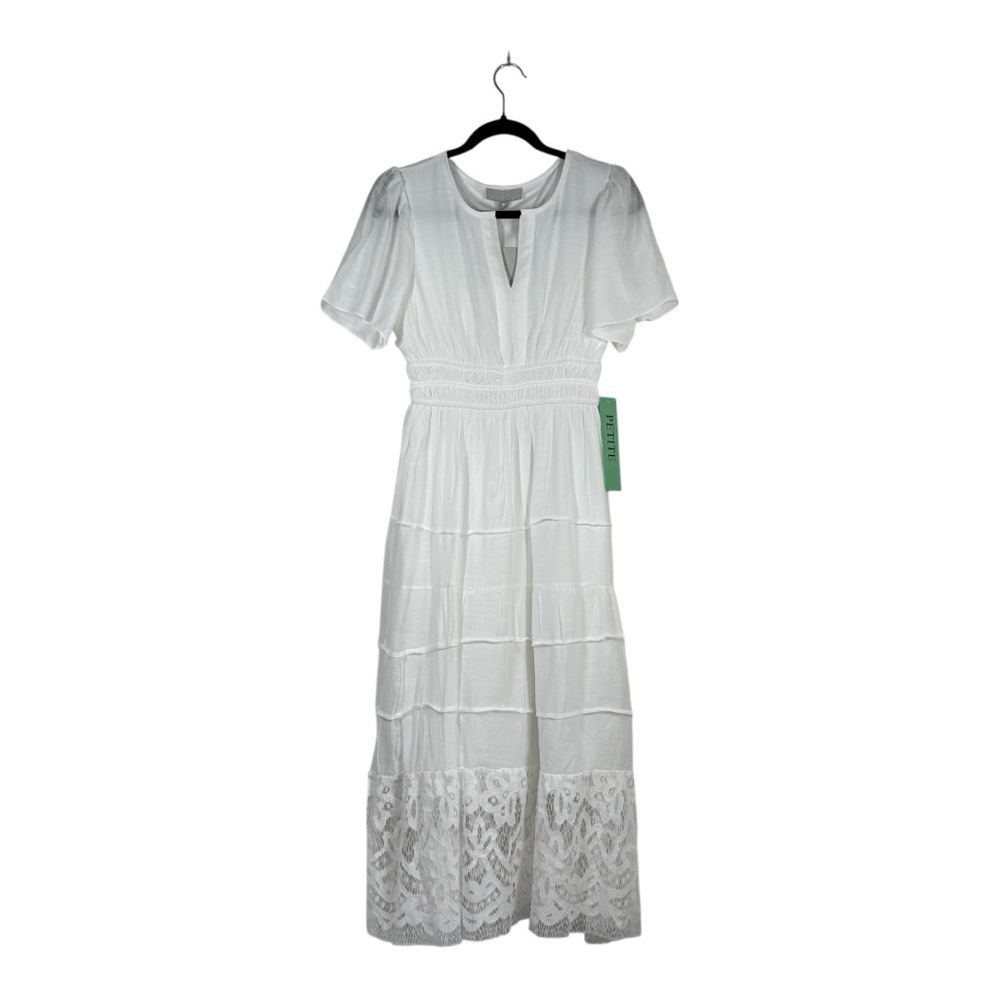 J GEE White Midi Dress Petite P/M Smocked Waist Lace Hem Short Sleeve NWT